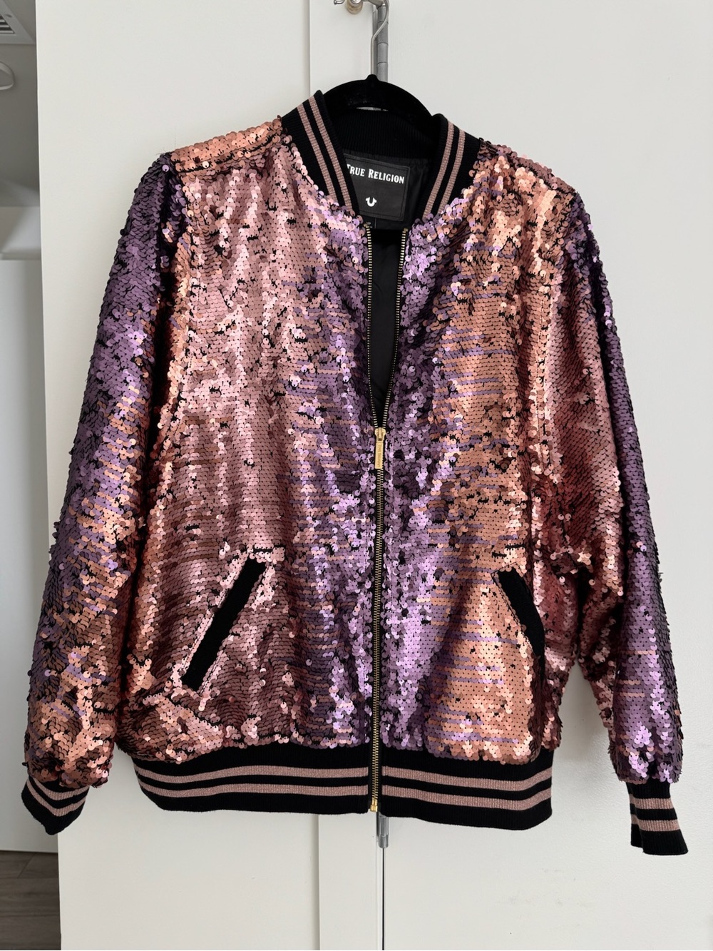 True Religion Rose Gold and Purple Reversible Sequin Bomber Jacket